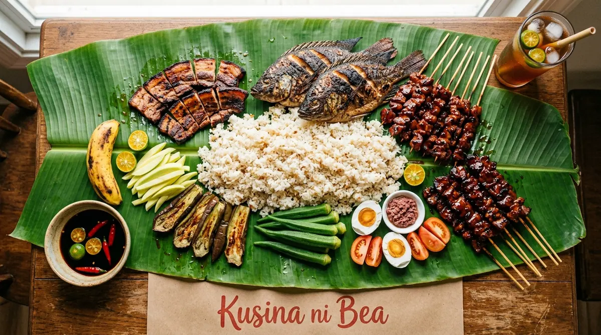 Filipino food spread on banana leaf, the kind of shot the generator makes
